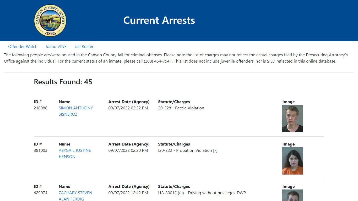 Current Arrests - Canyon County, Idaho